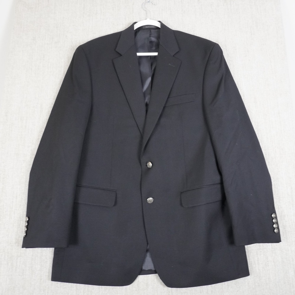 Chaps Blazer Jacket Sport coat Mens 42L Black 100% Wool Silver Metal Buttons